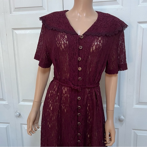 VTG Burgundy Lace Button-Down Long Dress Size L Short Sleeve - Picture 5 of 16